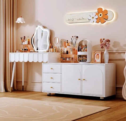 sbdmirau Vanity Desk,Retractable Makeup,with Lights Mirror and 5 Spacious Drawers,with Cabinet