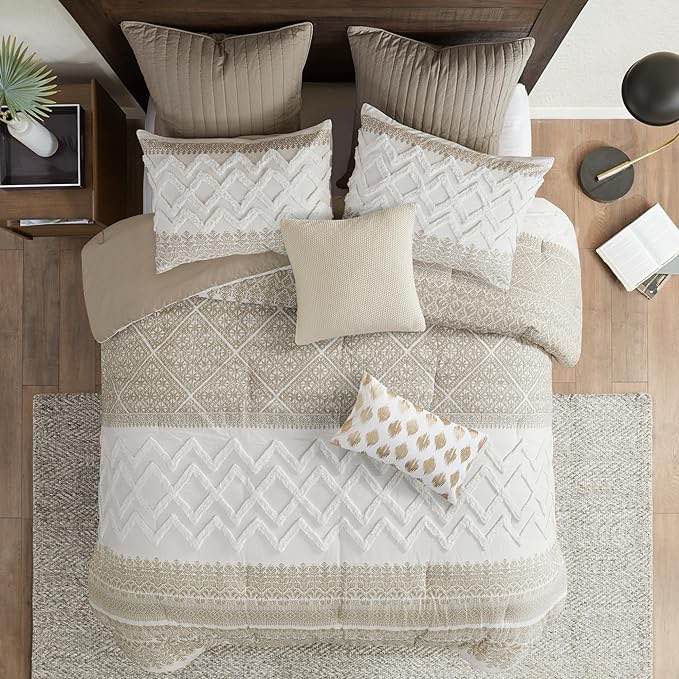 INK+IVY King Comforter Set, Chic Chevron Chenille Tufting Accent, Boho Comforters King, All Season, Lightweight Cotton Comforter King Bedding, 2 Shams, Mila, King/Cal King Taupe 3 Piece