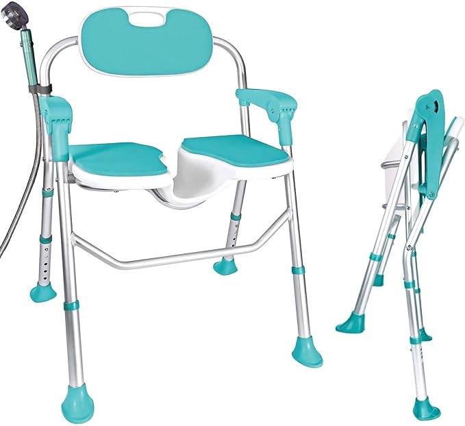 Shower Chair with Arms and Back 350 LB, Folding Shower Chair 5-Level Adjustable, Non-Slip Feet Shower Seat Cutout for Private Washing,for Elderly,Handicap,Disabled, Seniors & Pregnant (Blue)