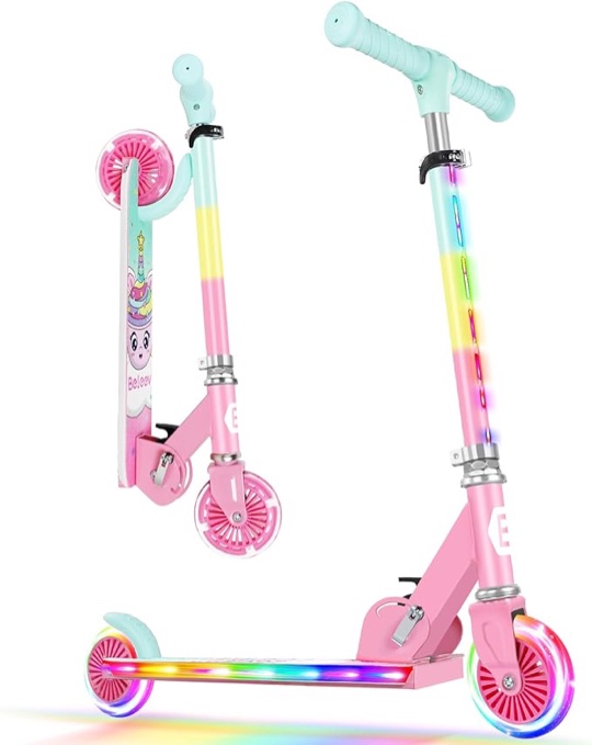 BELEEV V2 Scooters for Kids with Light-Up Wheels & Stem & Deck, 2 Wheel Folding Scooter for Girls Boys, 3 Adjustable Height, Non-Slip Pattern Deck, Lightweight Kick Scooter for Children Ages 3-12