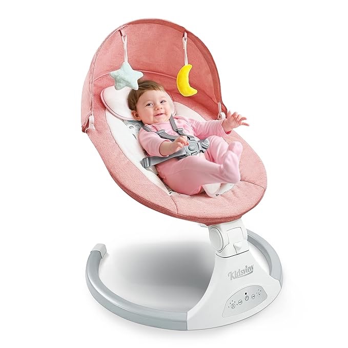 Bluetooth Baby Swing for Infants, 5 Speed Bluetooth Baby Bouncer Music Speaker with 12 Preset Lullabies, Remote Control Indoor Baby Rocker with Touch Screen Chair for 5-20 lb, 0-9 Months (Pink)