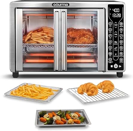 Gourmia French Door Air Fryer – 25 Qt Large Capacity Convection Oven, Fryfroce 360°, Digital Display with 17 Cooking Presets, Bake, Toast, Roast, Dehydrate, Fits 12” Pizza