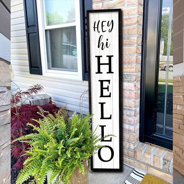 hey hi hello welcome sign for front porch standing 45"x9" large outdoor tall wood frame vertical wall decor rustic farmhouse outside home modern front door board decoration (black)