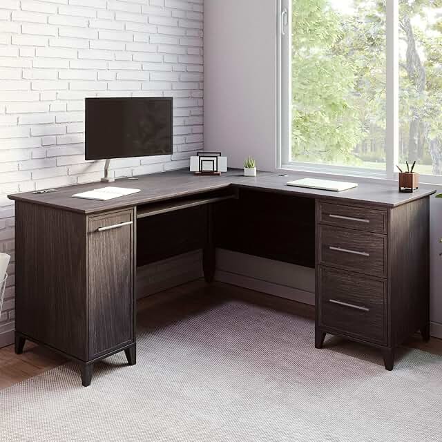 realspace® koru 60"w l-shaped corner computer desk with integrated power & charging, espresso oak