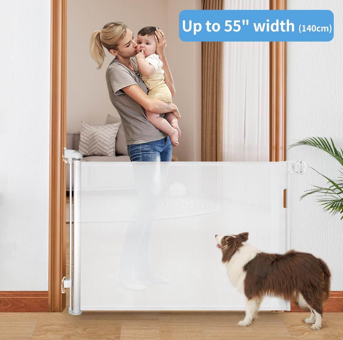 Punch-Free Install Retractable Baby Gate, Mesh Baby Gate or Mesh Dog Gate,33" Tall,Extends up to 54" Wide,Child Safety Gate for Doorways, Stairs, Hallways, Indoor/Outdoor?White,33"x54"