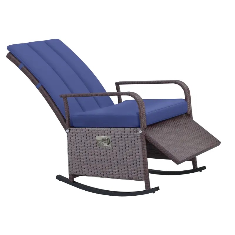 Outsunny Outdoor Rattan Rocking Chair Patio Recliner with Soft Cushions, Adjustable Footrest, Max. 135 Degree Backrest, PE Wicker, Blue