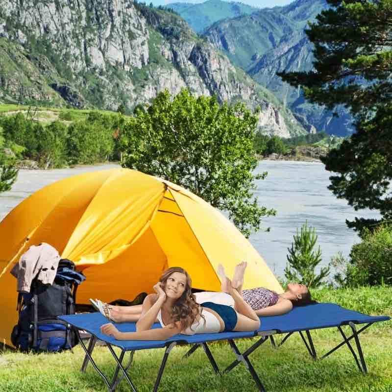 Outsunny 2 Person Folding Camping Cot for Adults, 50" Extra Wide Outdoor Portable Sleeping Cot with Carry Bag, Elevated Camping Bed, Beach Hiking, Blue