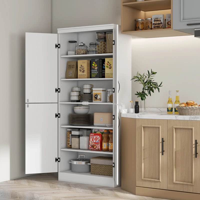 HOMCOM Kitchen Pantry Cabinet, White Storage Organizer with 4 Doors, Adjustable Shelves, Ample Space for Food, Dishes, Ideal for Dining Room, Kitchen(Box 1/2 only)