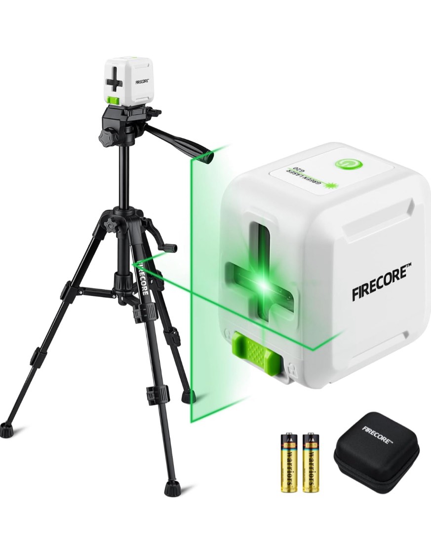 Firecore Self Leveling Laser Level, 82ft Green Beam Horizontal and Vertical Cross Line Laser with 25" Lightweight Aluminum Tripod for Picture Hanging DIY Application, Carry Pouch & Battery Included