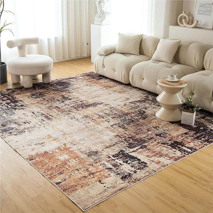 OIGAE Washable Rug, Abstract Modern Area Rugs with Non-Slip Backing Non-Shedding Floor Mat Throw Carpet for Living Room Bedroom Kitchen Laundry Home Office, Gold/Brown 84x60