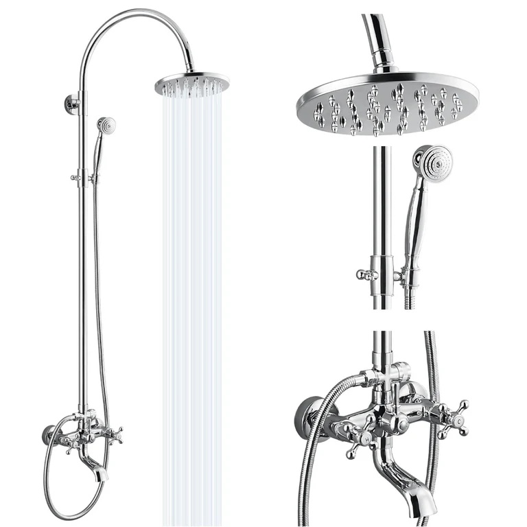 Gotonovo Exposed Shower Faucet Set Brass Dual Knobs 8 Inch Rainfall Round Head Mixer Tap Hand held Spray 3 Functions Shower System Tub Spout Bathroom Shower Combo Unit Set Wall Mounted