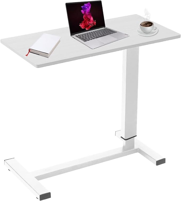 Overbed Table with Swivel Hidden Wheels Adjustable Height, Pneumatic Mobile Standing Desk Laptop Bedside Table Multi-Purpose for Home and Hospital Use (White)