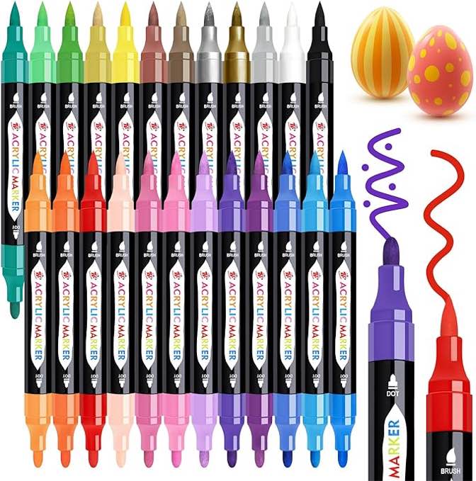 Betem 24 Colors Dual Tip Acrylic Paint Pens Markers, Premium Acrylic Paint Pens for Wood, Canvas, Stone, Rock Painting, Glass, Ceramic Surfaces, DIY Crafts Making Art Supplies