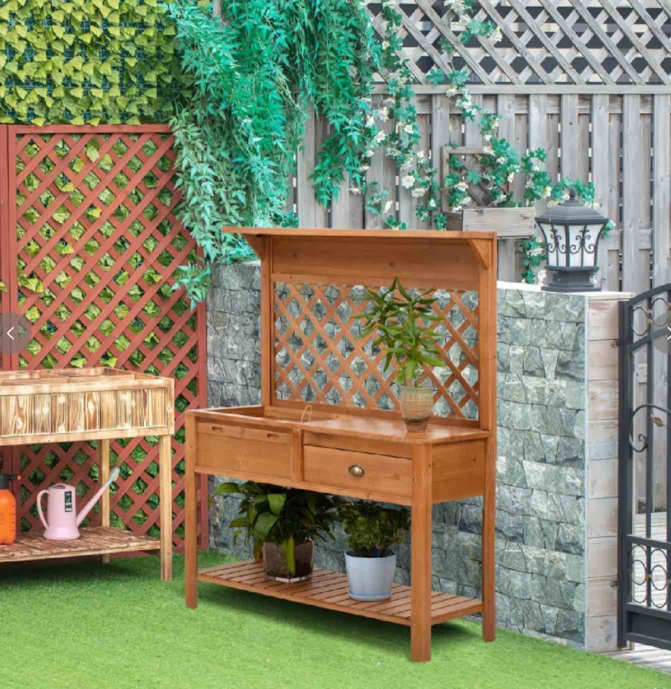 Outsunny Garden Potting Bench, Outdoor Wooden Workstation Table w/ Metal Screen, Drawer, Hooks, Storage Shelf, and Lattice Back for Patio, Backyard and Porch