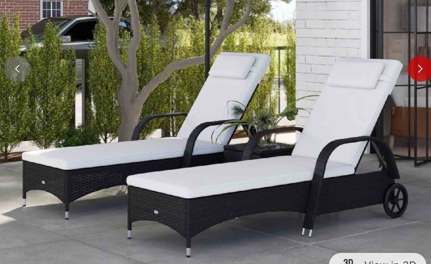 Outsunny Wicker Outdoor Chaise Lounge Set of 2, 5-Level Adjustable Backrest PE Rattan Pool Lounge Chair with Wheels, Cushion & Headrest, Black and Cream White