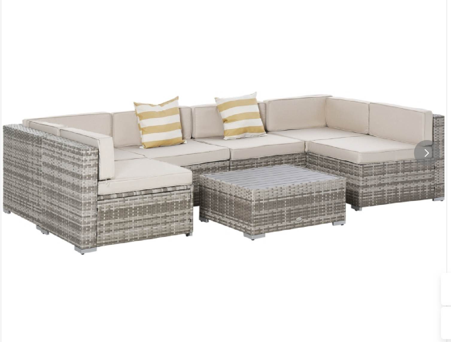Outsunny 7-Piece Patio Furniture Set, Outdoor Wicker Conversation Set, All Weather PE Rattan Sectional Sofa Set with Cushions and Faux Wood Table, Stripe Pillows, Beige  
