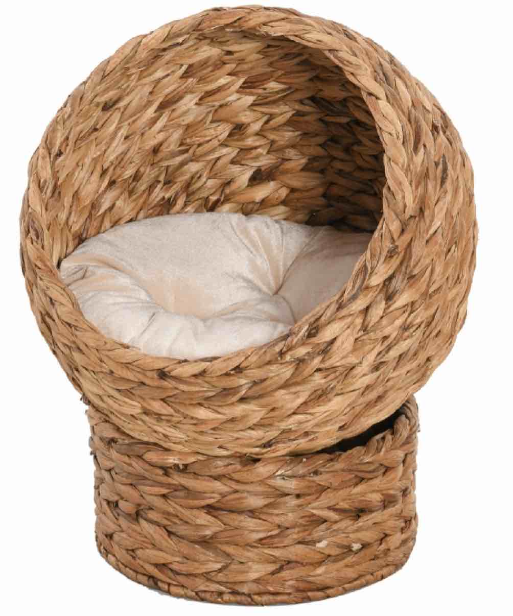PawHut 20" Natural Braided Banana Leaf Elevated Cat Bed Basket with Cushion - Brown