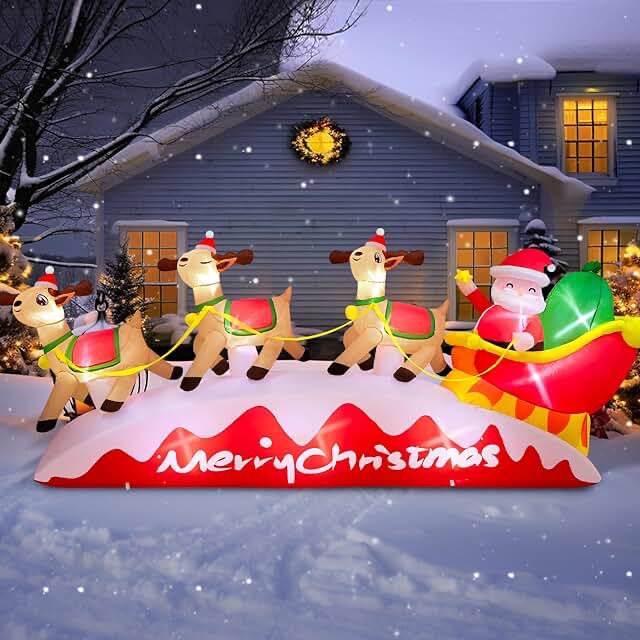 10 FT Long Chrismas Inflatable Santa Claus On Sleigh Pulled by 3 Reindeers Outdoor Decorations, Blow Up Yard Decoration Build in LEDs Lighted for Xmas Holiday Garden Lawn Patio Roof Décor