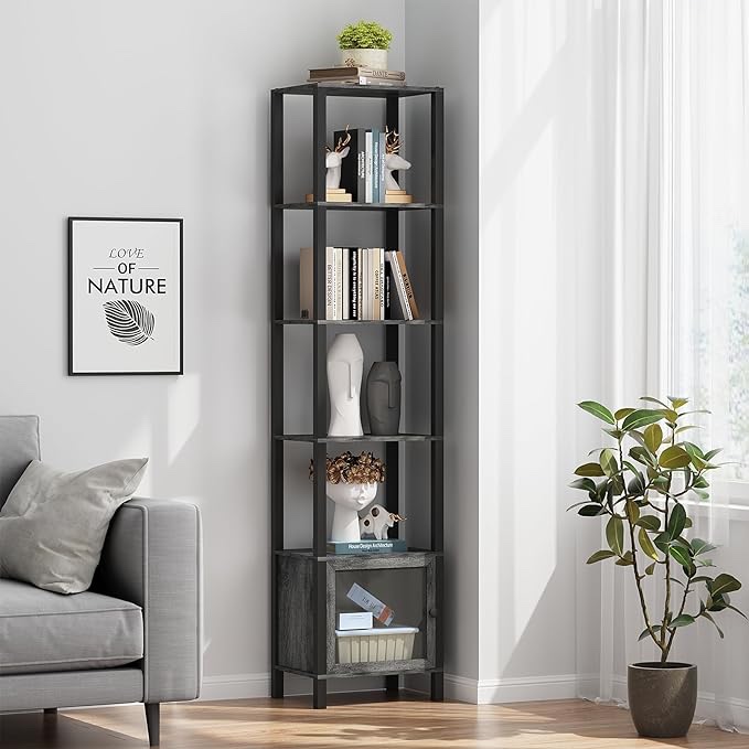 TUTOTAK Bookshelf, 6-Tier Tall Book Shelf, Narrow Bookcase for Small Space, DIY Stackable Bookshelf, for Living Room, Office, Study, Entryway, Industrial, Rustic Brown BS01BB006