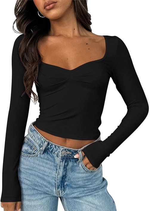Amazon.com: AKLOPVII Women Long Sleeve Crop Tops Cute Sweetheart ...