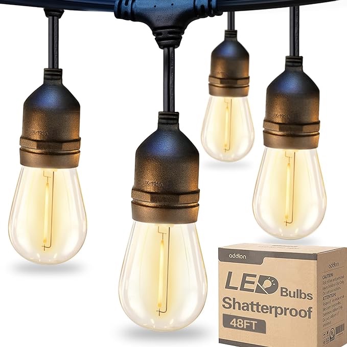  LED Outdoor String Lights 48FT with Edison Vintage Shatterproof Bulbs and Commercial Grade Weatherproof Strand - ETL Listed Decorative Lights for Patio Garden