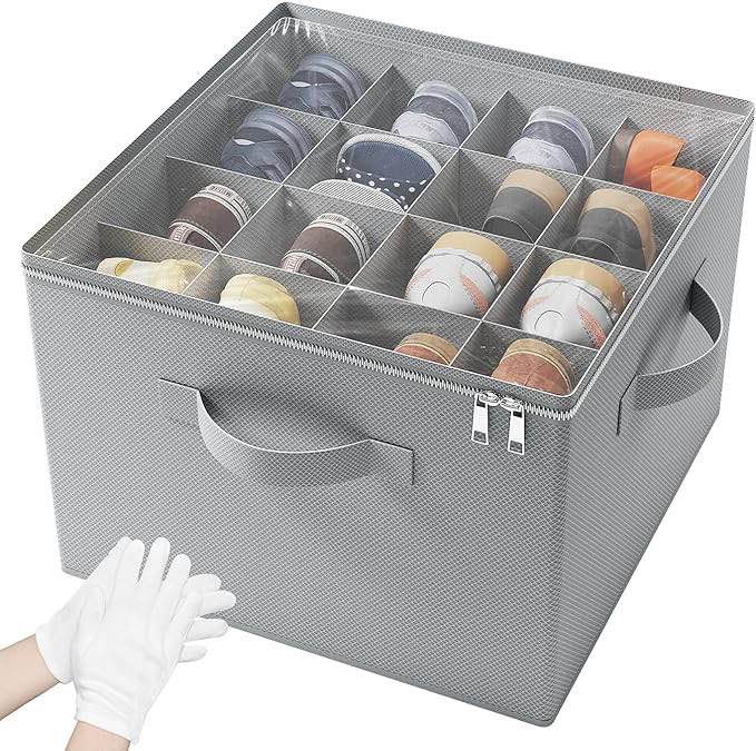 PHOTOONE Adjustable Shoe Organizer for Closet, Fits Different Sized Shoes, Large Shoe Storage Bins, Foldable Shoe Box Storage Containers with Clear Cover, Space Saving Shoes Holder, Gray-12 Pairs