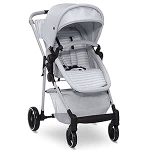 babyGap by Delta Children 2-in-1 Carriage Stroller - Greenguard Gold Certified - Car Seat Compatible, One-Handed Fold, Lightweight & Oversized Canopy - Made with Sustainable Materials, Grey Stripes