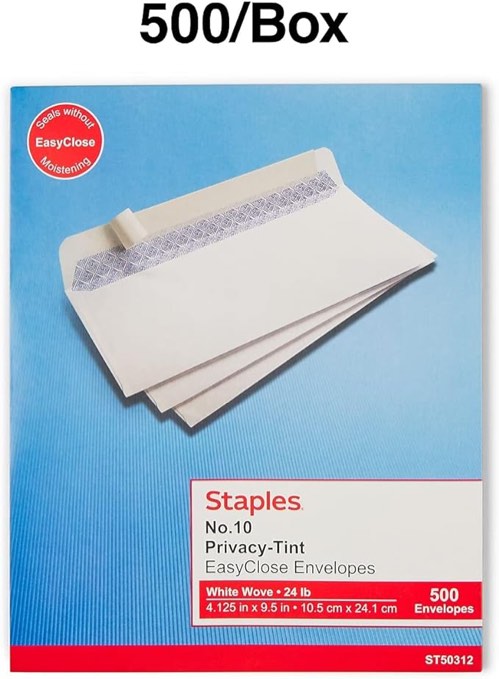 Staples 787385 Easyclose Security Tint #10 Envelope 4-1/8-Inch X 9-1/2-Inch White 500/Bx