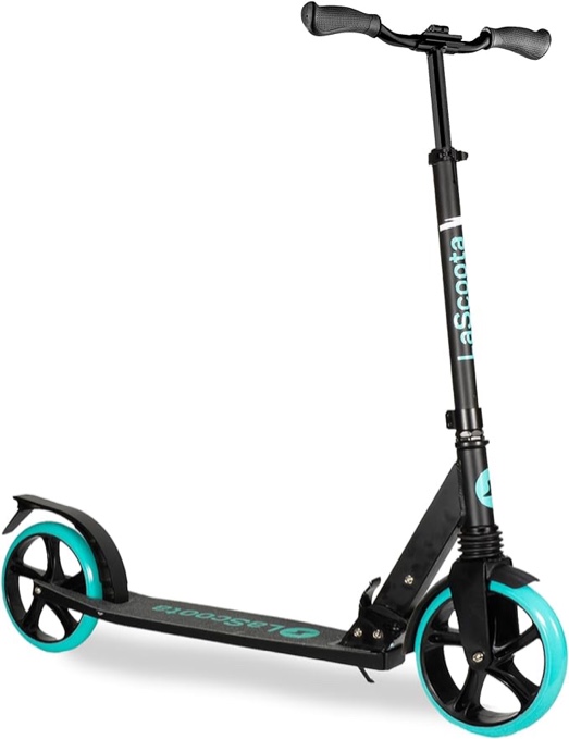  Roll over image to zoom in LaScoota Kick Scooter for Kids Ages 6+, Teens & Adults, Large 8" Sturdy Urethane Wheels. Adjustable Handlebar, Lightweight, Foldable, 220lbs Max Load