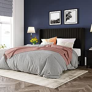 Allewie Full Size Platform Bed Frame with Velvet Upholstered Headboard and Wooden Slats Support, Fully Upholstered Mattress Foundation/No Box Spring Needed/Easy Assembly, Black