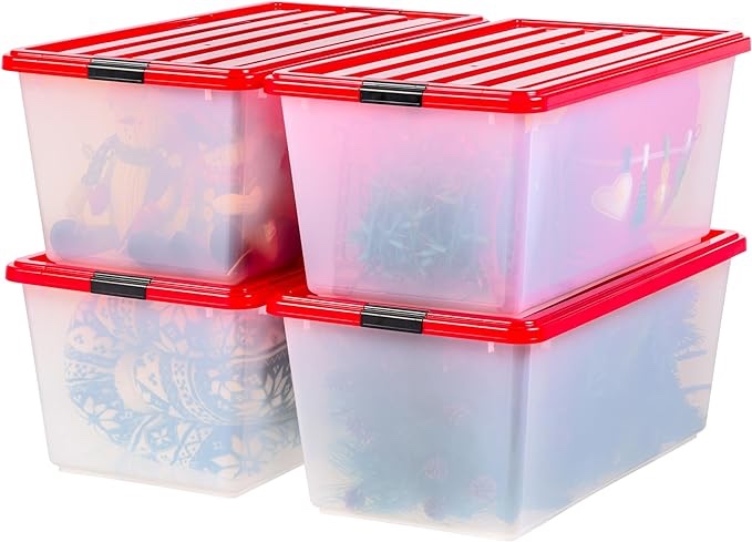 IRIS USA 4 Pack 91qt Large Clear View Plastic Storage Bin with Lid and Secure Latching Buckles, Red 91 Qt. Holiday - 4 Pack