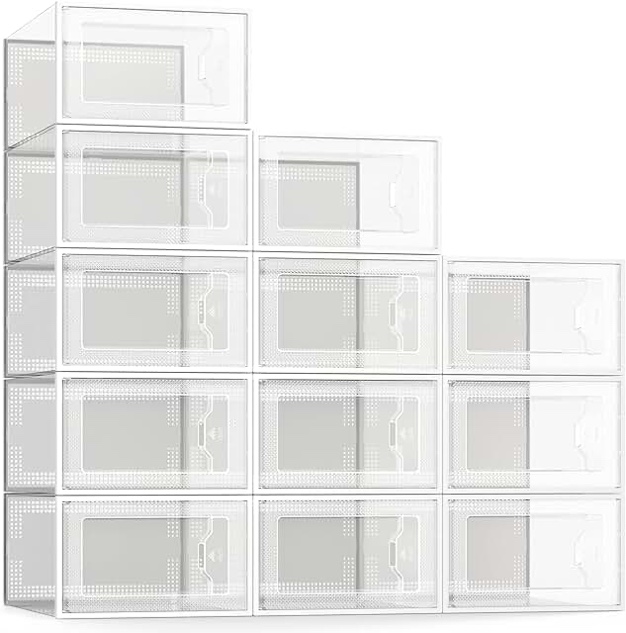 12 Pack Shoe Storage Bins, Clear Plastic Stackable Shoe Organizer for Closet, Space Saving Foldable Shoe Rack, Shoe Box Sneaker Holder Container