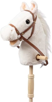HollyHOME Outdoor Stick Horse with Wood Wheels Real Pony Neighing and Galloping Sounds Plush Toy White 36 Inches(AA Batteries Required)