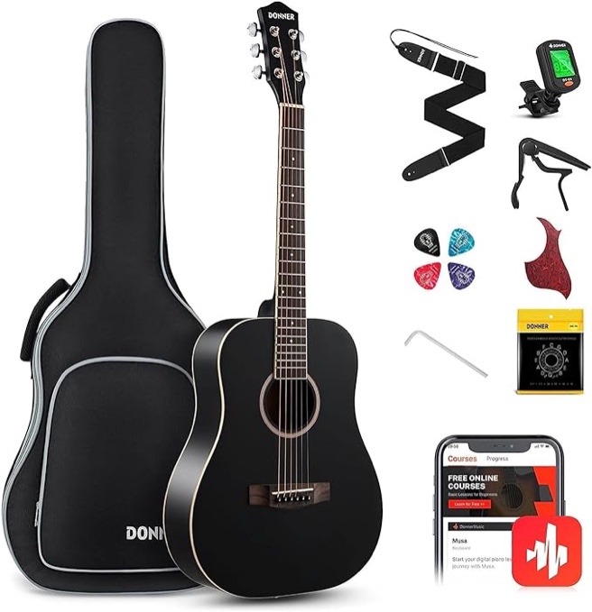 Donner Acoustic Guitar for Beginner Adult 36'' Dreadnought 3/4 Size Black Guitar Bundle Package Kit Travel, Spruce Wood With Gig Bag Capo Tuner Strap String Guitar Picks DAG-1MB/DAT-110D