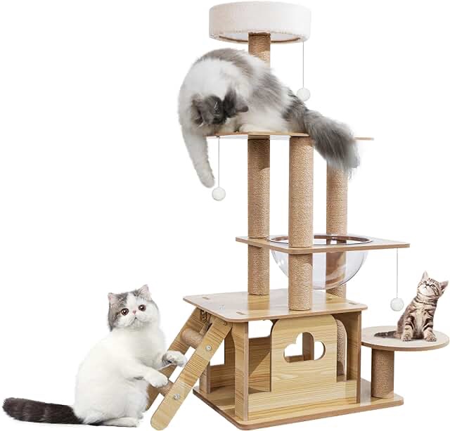 Sthdofrpaits 45" Modern Cat Tree with Fully Sisal Scratching Posts, Wooden Cat Tower for Indoor Cats, Multi-Level Heavy Duty Cat Furniture with Cat Condo House Acrylic Dome, Step Ladder for Kitten