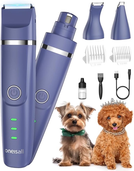 oneisall Paw Trimmer for Small Dogs Quiet, 4 in 1 Small Dog Grooming Kit, 2 Speed Dog Grooming Kit for Small Dogs, Cordless Small Dog Clippers, Quiet Dog Nail Grinder for Small Dogs(Blue)
