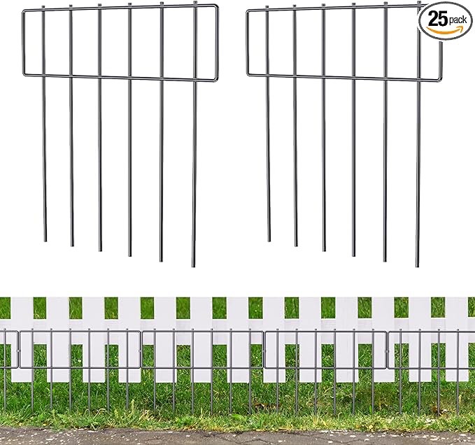 25 Pack Animal Barrier Fence, 17 in(H) X 27 Ft(L) Decorative Garden Fence, Rustproof Metal Wire Garden Border Fence, Dog Rabbits Ground Stakes Fence for Garden.