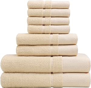 PiccoCasa 100% Combed Cotton 8 Piece Towel Set, Contains 2 Hand Towels 14x30, 2 Bath Towels 27x54, 4 Wash Cloths 13x13-600 GSM Luxury Bath Towels Set Champagne