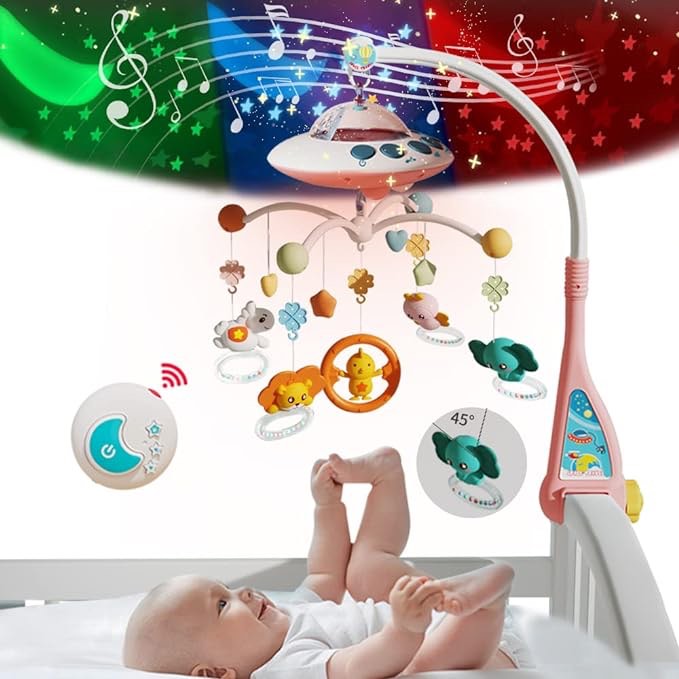 Lcasio Baby Musical Crib Mobile with Night Lights and Relaxing Music,Hanging Rotating Animals Rattles,Stars Projection,Remote Control,for Boy Girl Newborn Baby Toys?Pink?