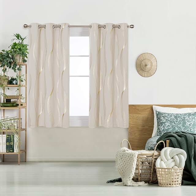 Deconovo Room Darkening Blackout Curtains, Golden Foil Print Striped Thermal Insulated Curtains for Bedroom, Light Beige, 42x63 Inch, Set of 2
