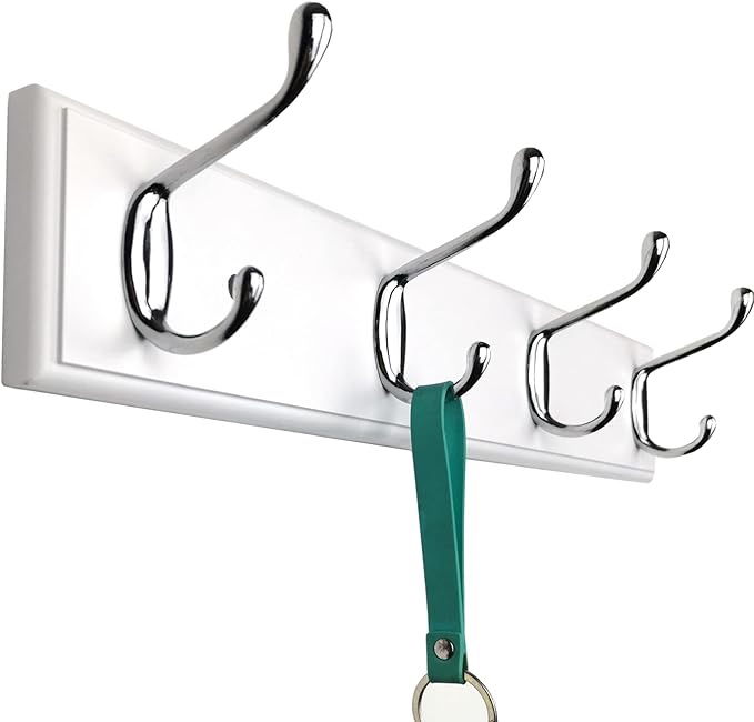 lomejii Wooden Wall Mounted Coat Rack 27 inch (70cm) with 6 Silver Hooks, Lang White Wall Coat Rack, Wood Wall Coat Hook Rack for Entrance, Hallway, Bedroom, White Wall Clothes Hanger