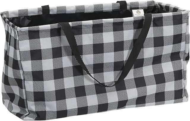 Household Essentials Krush Canvas Utility Tote | Reusable Grocery Bag | Black and White Plaid Short Rectangular Black Buffalo Plaid