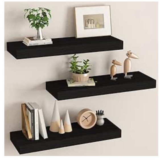 BOFIRE Floating Shelves, Wall Mounted Rustic Wood Shelves for Bathroom, Bedroom, Living Room, Kitchen, Small Hanging Shelf for Books/Storage/Room Decor (Black, 17 Inch)