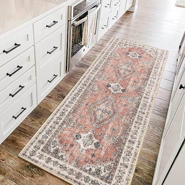 NOTASA Boho Runner Rug Washable 2x6 Long Rug Runner for Bedroom Bedside Non Slip Vintage Rugs for Hallways Entryway Kitchen Bathroom Aztec Terracotta Moroccan Carpet Home Decor (Peach/Orange)
