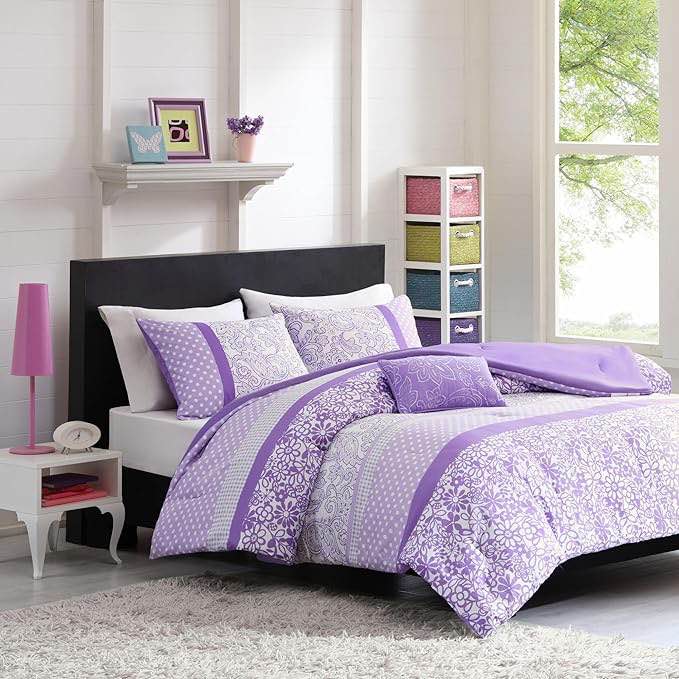 Zone Comforter Set Fun Bedroom Décor - Modern All Season Polka Dot Print, Vibrant Color Cozy Bedding Layer, Matching Sham, Decorative Pillow, Twin/Twin XL, Floral Purple 3 Piece