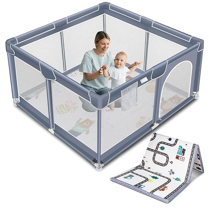 JIKPO Large Baby Playpen, Sturdy Safety Baby Playard for Babies and Toddlers, Wrap Around Cushion Design and Soft Breathable Mesh Play Pen, Baby Activity Center with 8 Suction Cup Bases (50"x50")