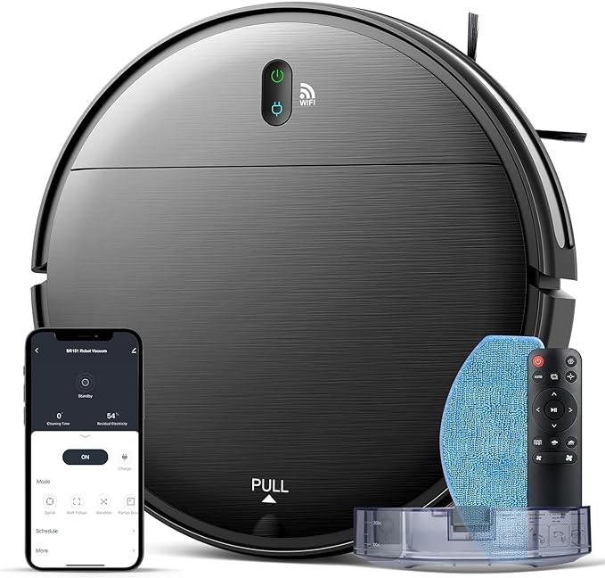 Robot Vacuum and Mop Combo, 2 in 1 Mopping Robot Vacuum Cleaner with Schedule, Wi-Fi/App, 1400Pa Max Suction, Self-Charging Robotic Vacuum, Slim, Ideal for Hard Floor, Pet Hair, Low-Pile Carpet