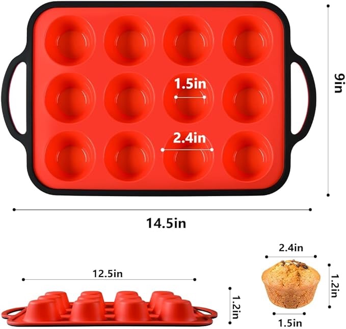with Metal Reinforced Frame - 12-Cup Mini Muffin Pan for Homemade Muffins, Cupcakes, Muffin Cakes, and Bread, Oven and Dishwasher Safe - Black Rim With Red Bottom