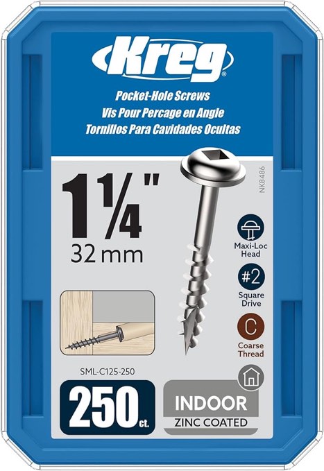 Kreg SML-C125-100 Zinc Pocket Screws, 1 1/4 Inch, 8 Coarse Thread, Maxi-Loc Head (100 Count)