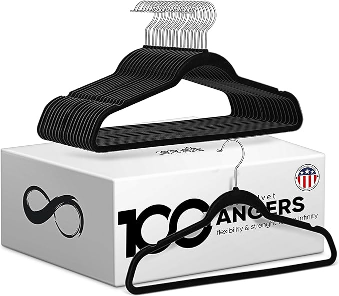 Zober Velvet Hangers 60 Pack - Heavy Duty Black Hangers for Coats, Pants & Dress Clothes - Non Slip Clothes Hanger Set - Space Saving Felt Hangers for Clothing 100 Pack Black